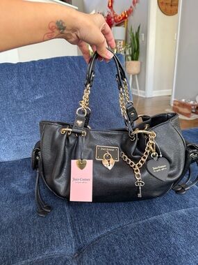 Juicy Couture Black Satchel with Gold Chain & Heart Charms